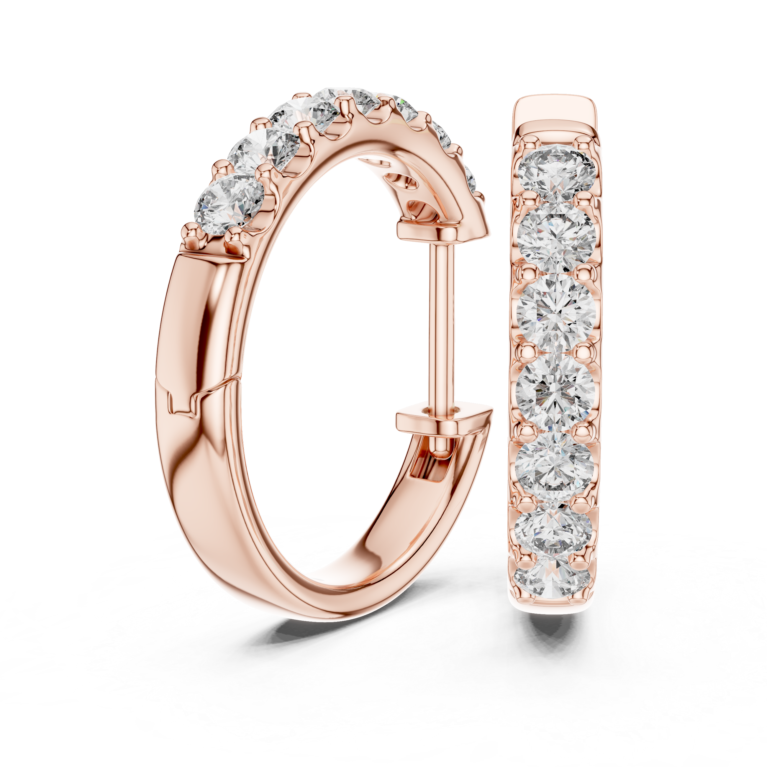 Roy Diamond rose gold diamond huggie hoop earring open clasp side view with round diamonds