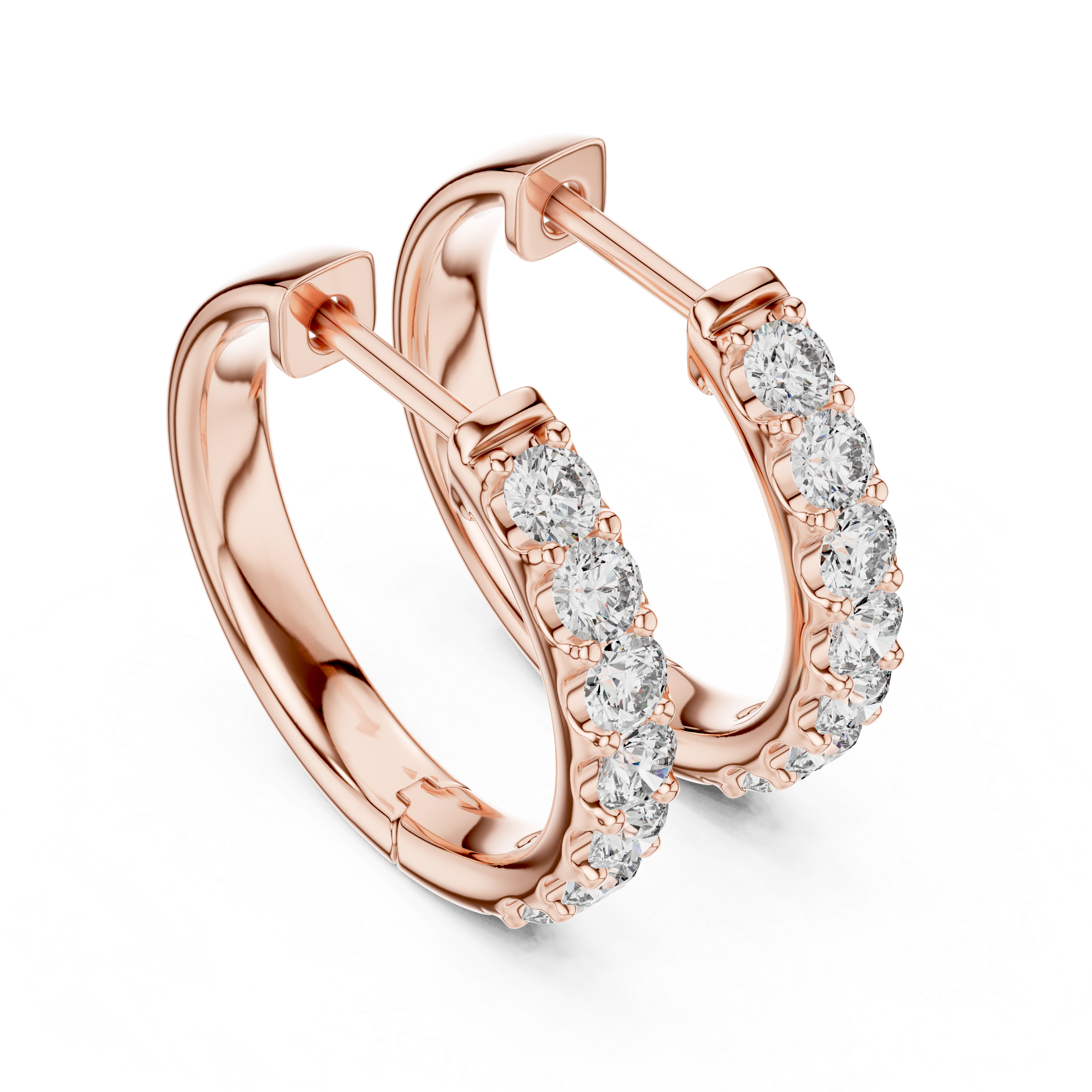 Roy Diamond rose gold diamond huggie hoop earrings front view showing round diamond row sparkle