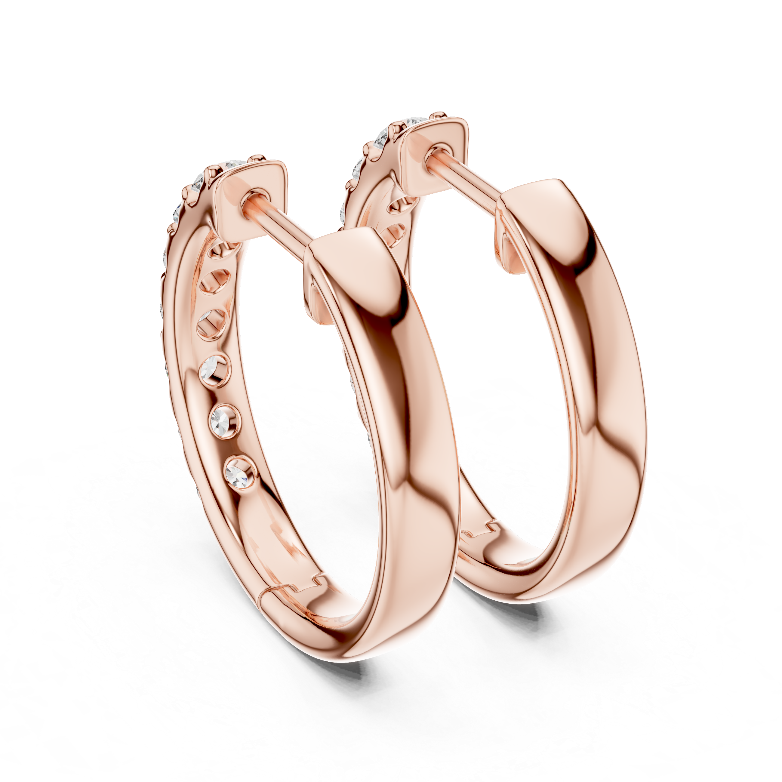 Roy Diamond rose gold huggie hoop earrings back view showing smooth finish and secure hinge closure