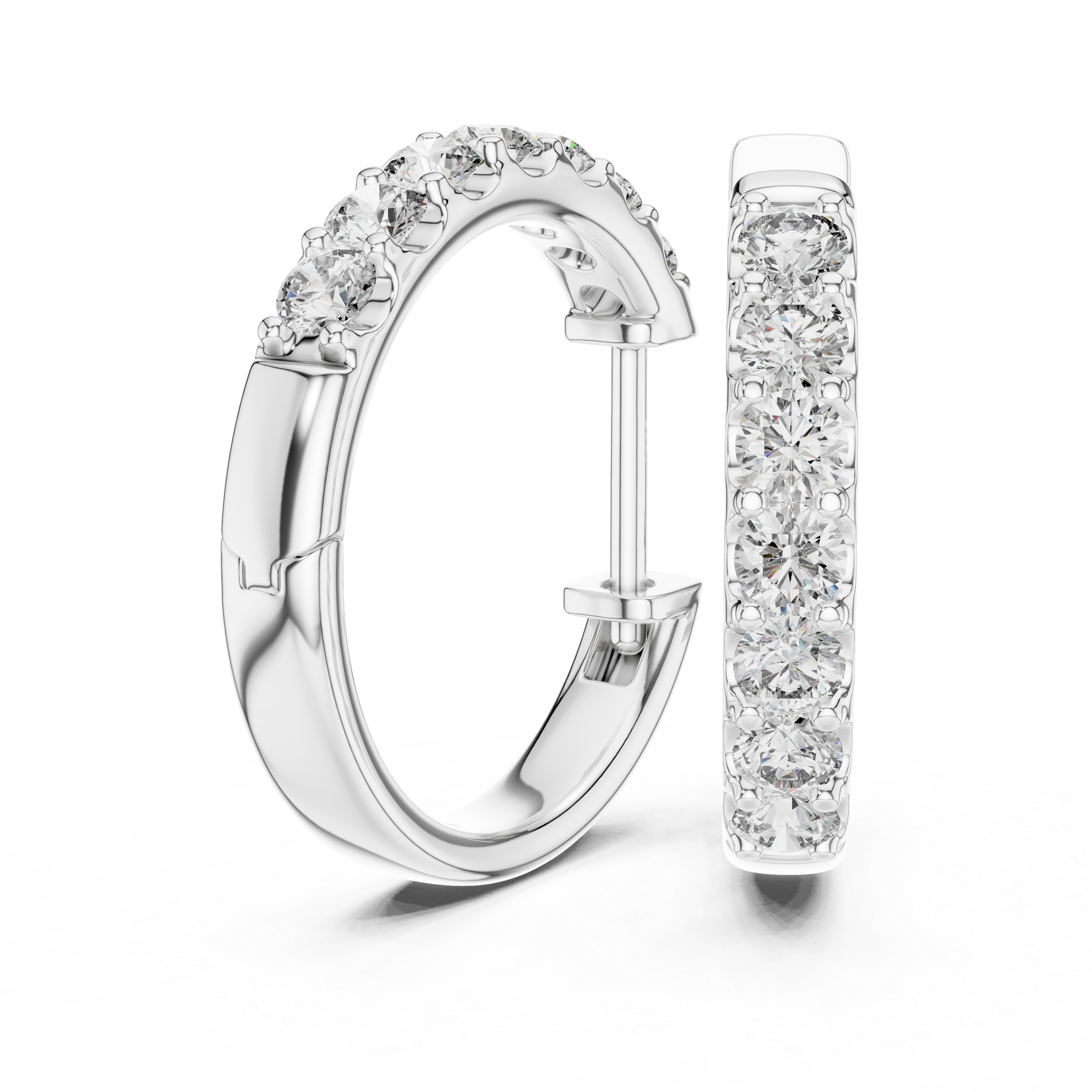 Roy Diamond white gold diamond huggie hoop earrings front view with brilliant round diamonds for everyday wear