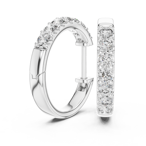 Roy Diamond white gold diamond huggie hoop earrings front view with brilliant round diamonds for everyday wear