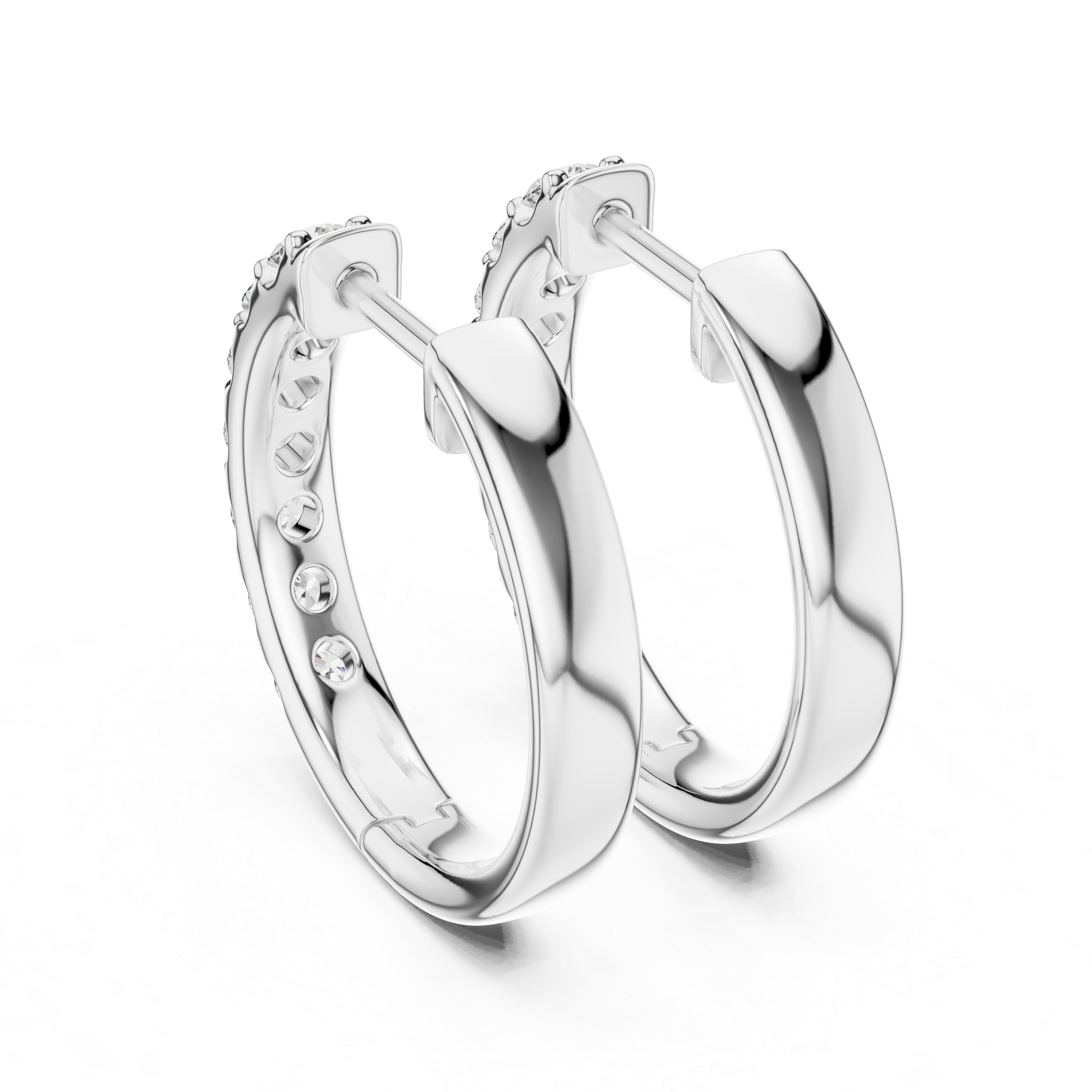 Roy Diamond white gold huggie hoop earrings back angle showing smooth inner curve and hinge lock design