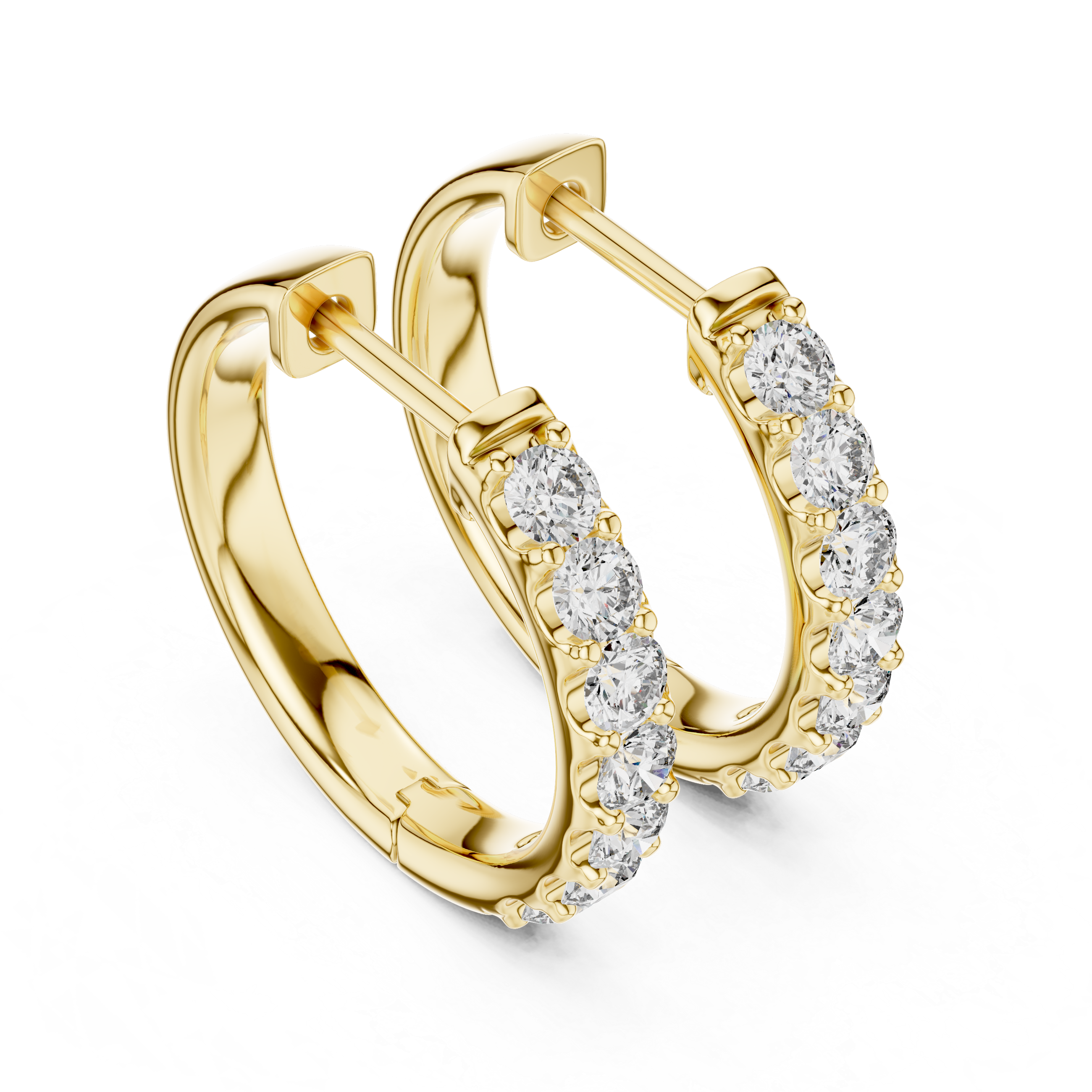 Roy Diamond yellow gold huggie hoop earrings close front angle with sparkling round diamonds on the outer edge
