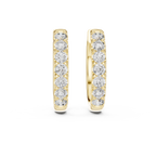 Roy Diamond yellow gold diamond huggie hoop earrings front standing view with round diamonds in classic setting