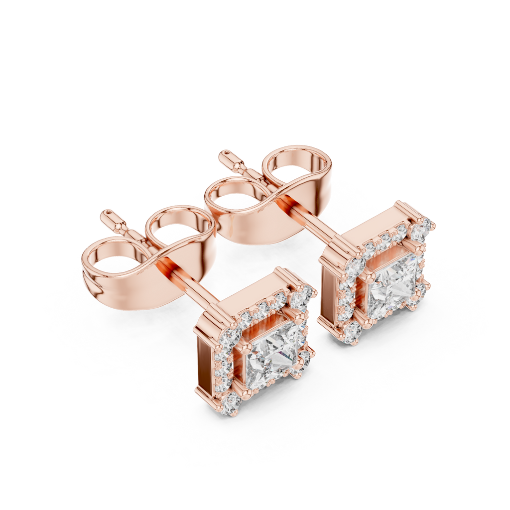 Roy Diamond lab grown diamond princess halo earrings side angle view showcasing rose gold setting and secure prong detailing