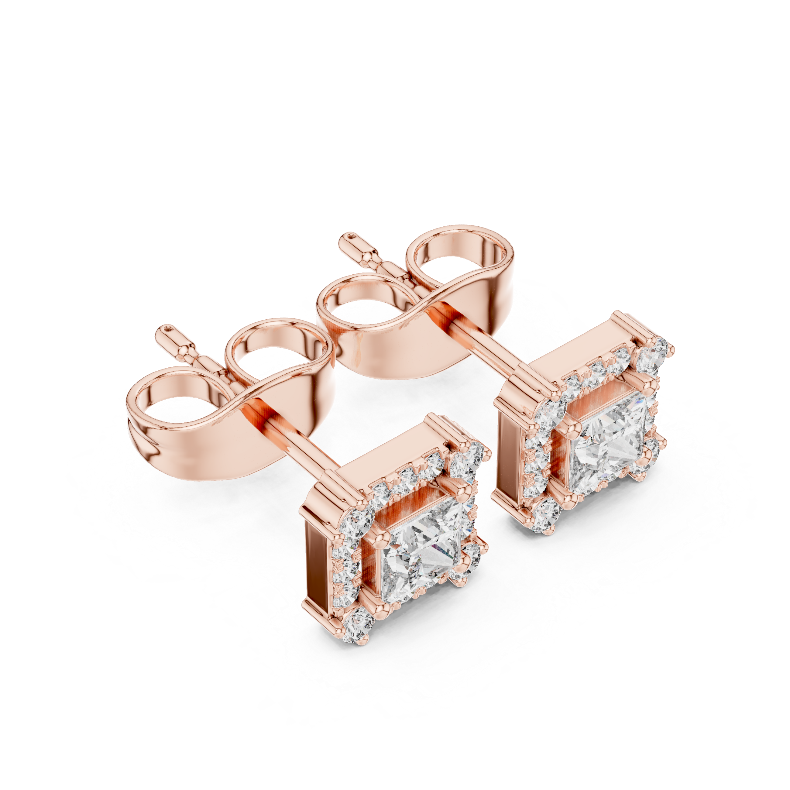 Roy Diamond lab grown diamond princess halo earrings side angle view showcasing rose gold setting and secure prong detailing
