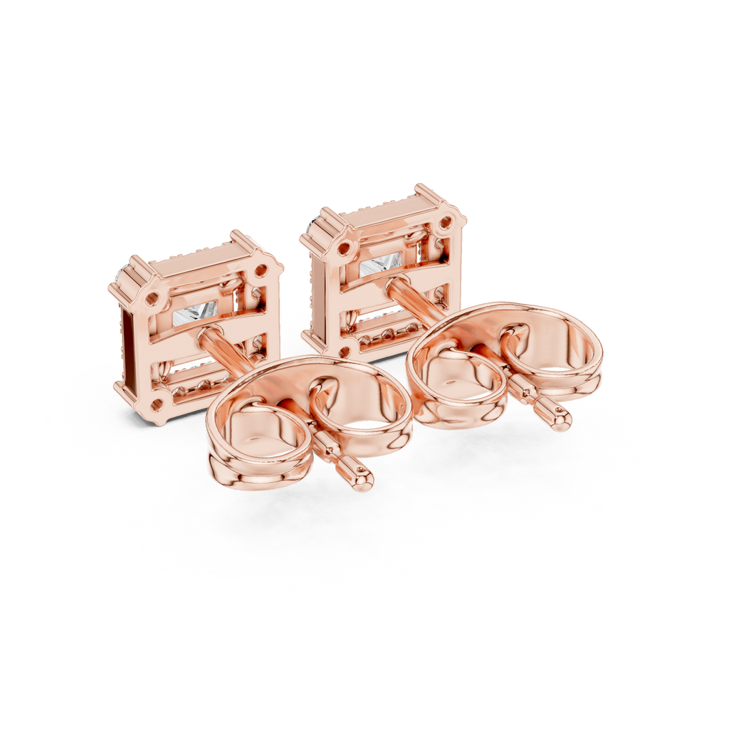Roy Diamond lab grown diamond princess halo earrings back view highlighting rose gold finish and comfortable screw back closure