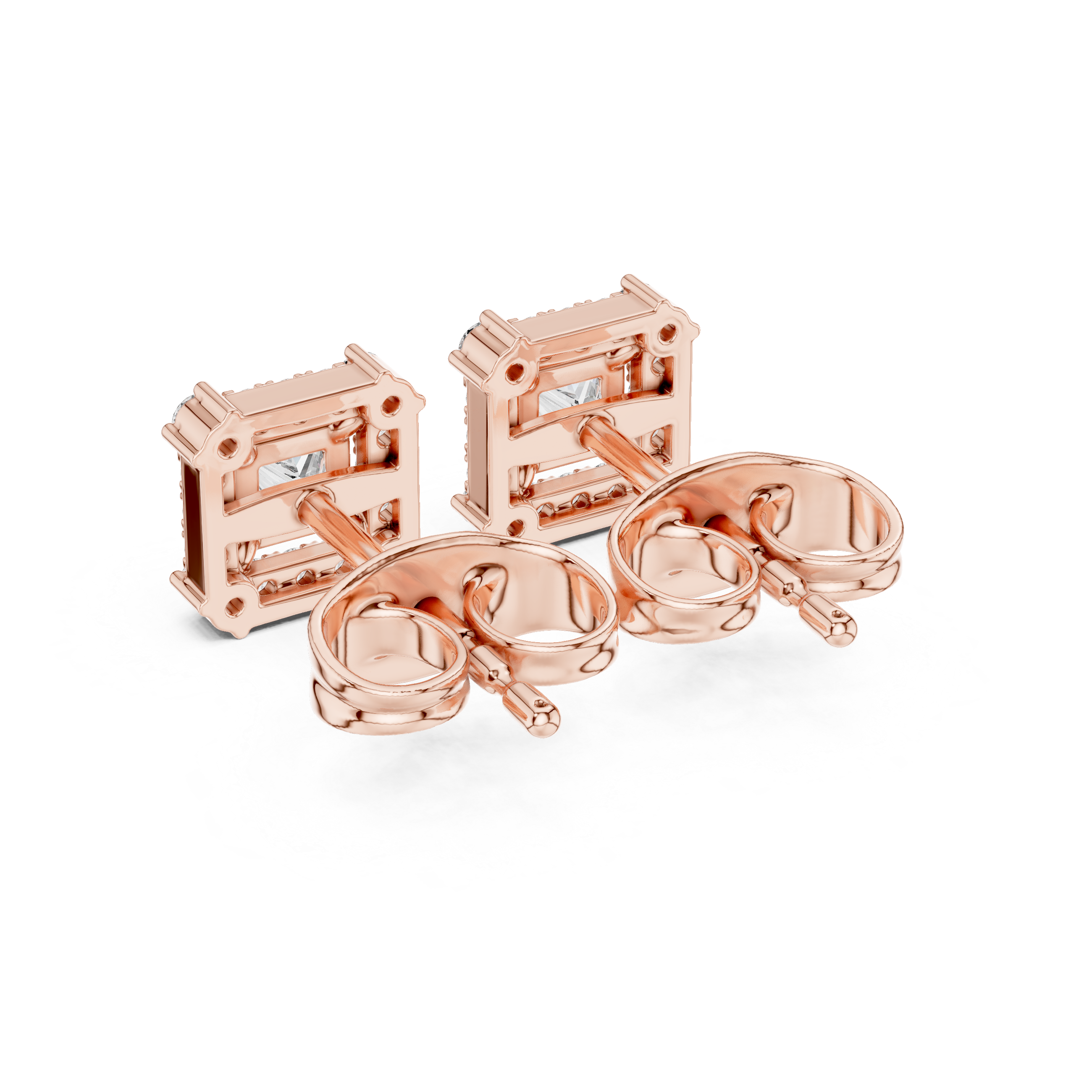 Roy Diamond lab grown diamond princess halo earrings back view highlighting rose gold finish and comfortable screw back closure