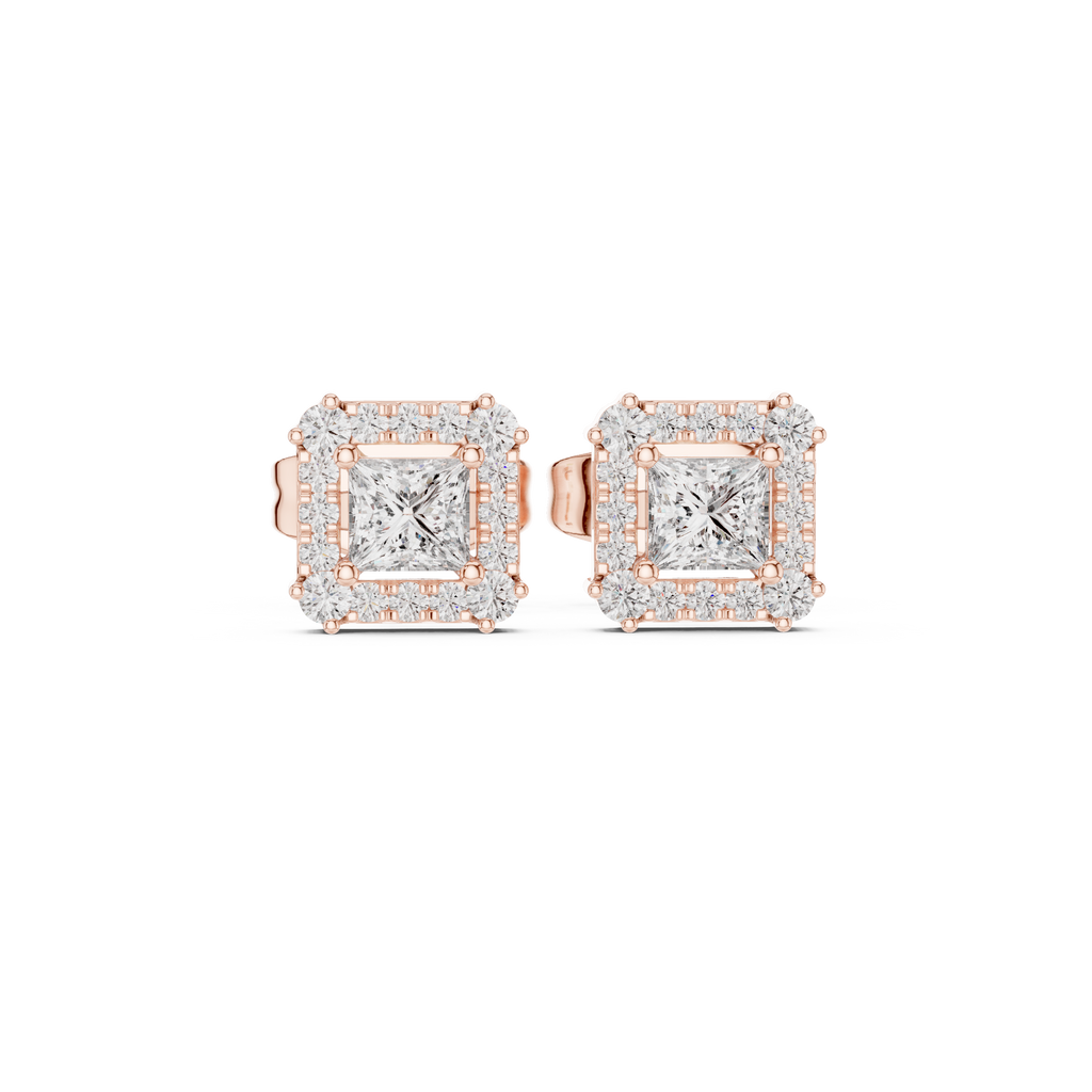 Roy Diamond royal lab grown diamond princess halo earrings front view in rose gold with brilliant square center and halo sparkle