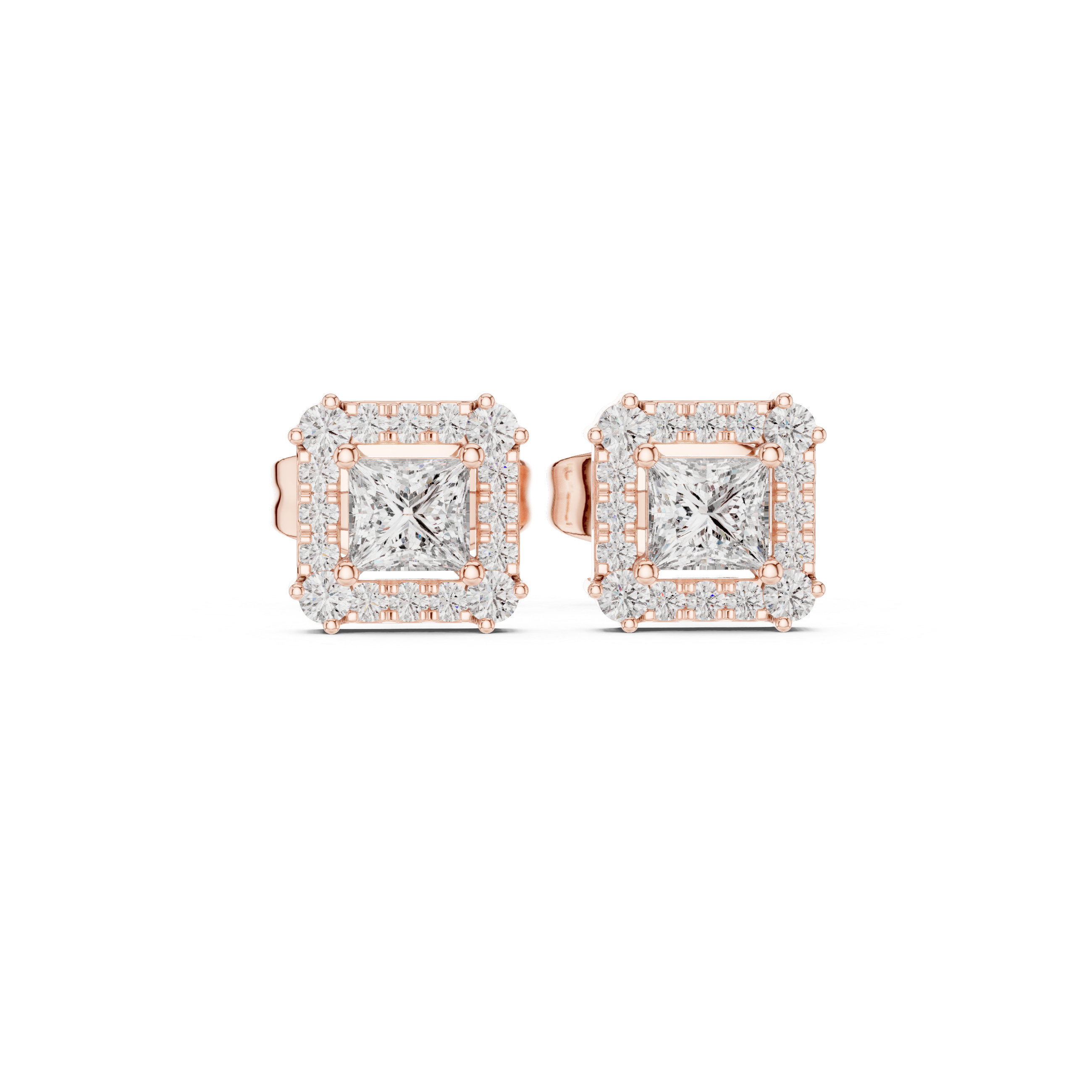 Roy Diamond royal lab grown diamond princess halo earrings front view in rose gold with brilliant square center and halo sparkle