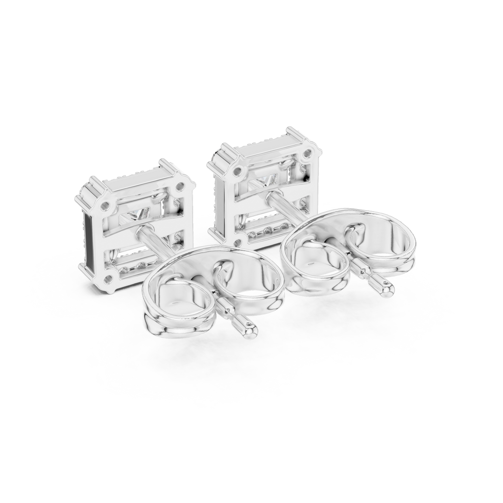 Roy Diamond lab grown diamond princess halo earrings back view featuring polished white gold and secure screw back design