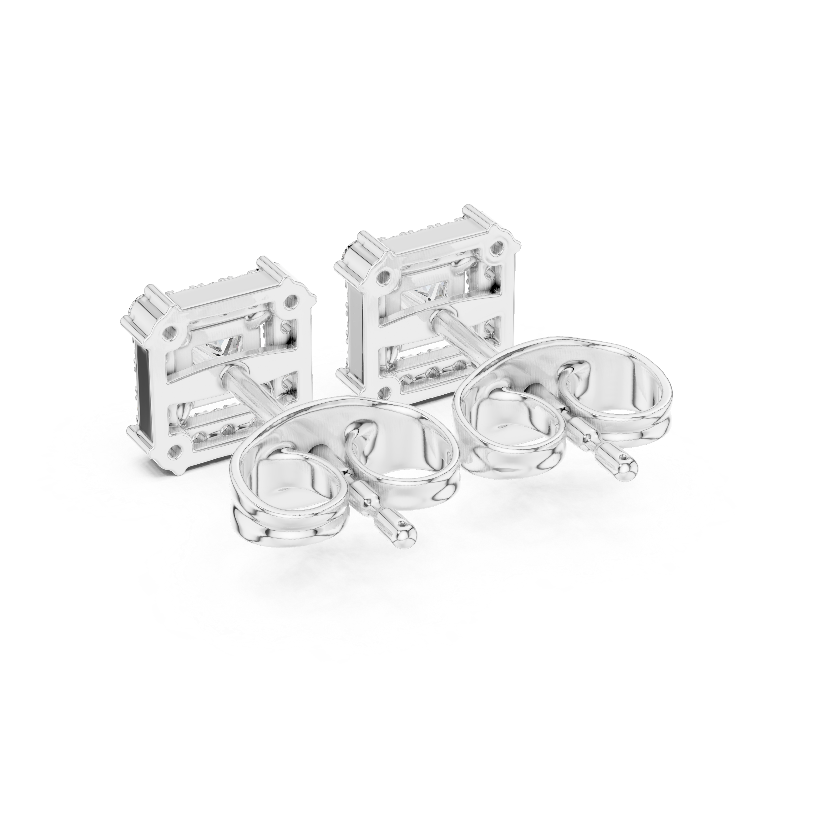 Roy Diamond lab grown diamond princess halo earrings back view featuring polished white gold and secure screw back design