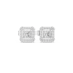 Roy Diamond royal lab grown diamond princess halo earrings front view in white gold with radiant center and shimmering halo