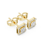 Roy Diamond lab grown diamond princess halo earrings side angle view in yellow gold showing fine prong work and depth