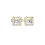 Roy Diamond royal lab grown diamond princess halo earrings front view in yellow gold with classic halo sparkle