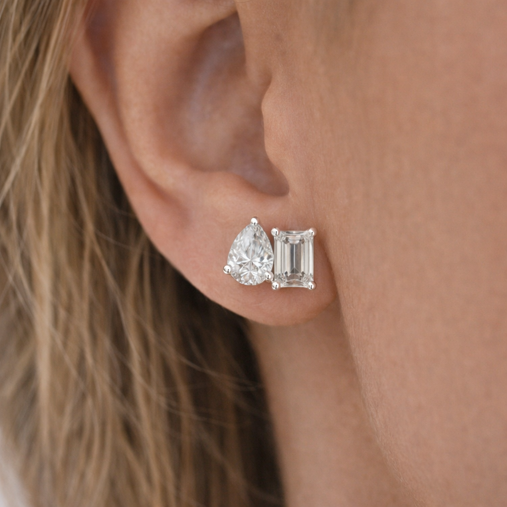 Pear & Emerald Cut Diamond Stud Earrings