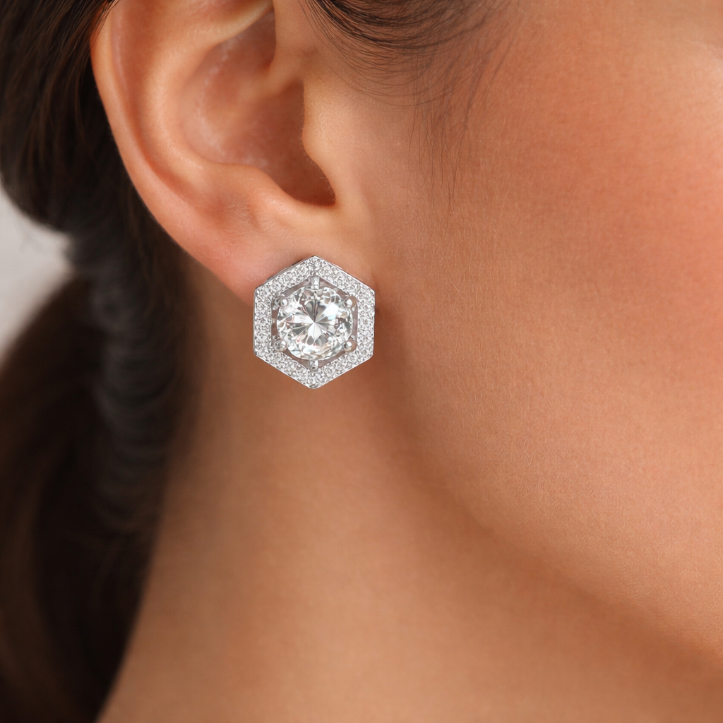 Hexagon Halo Diamond Stud Earrings