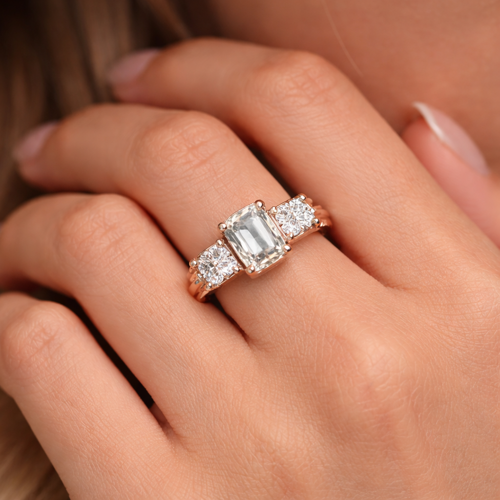 Rose gold ring with a central diamond and smaller stones on a hand