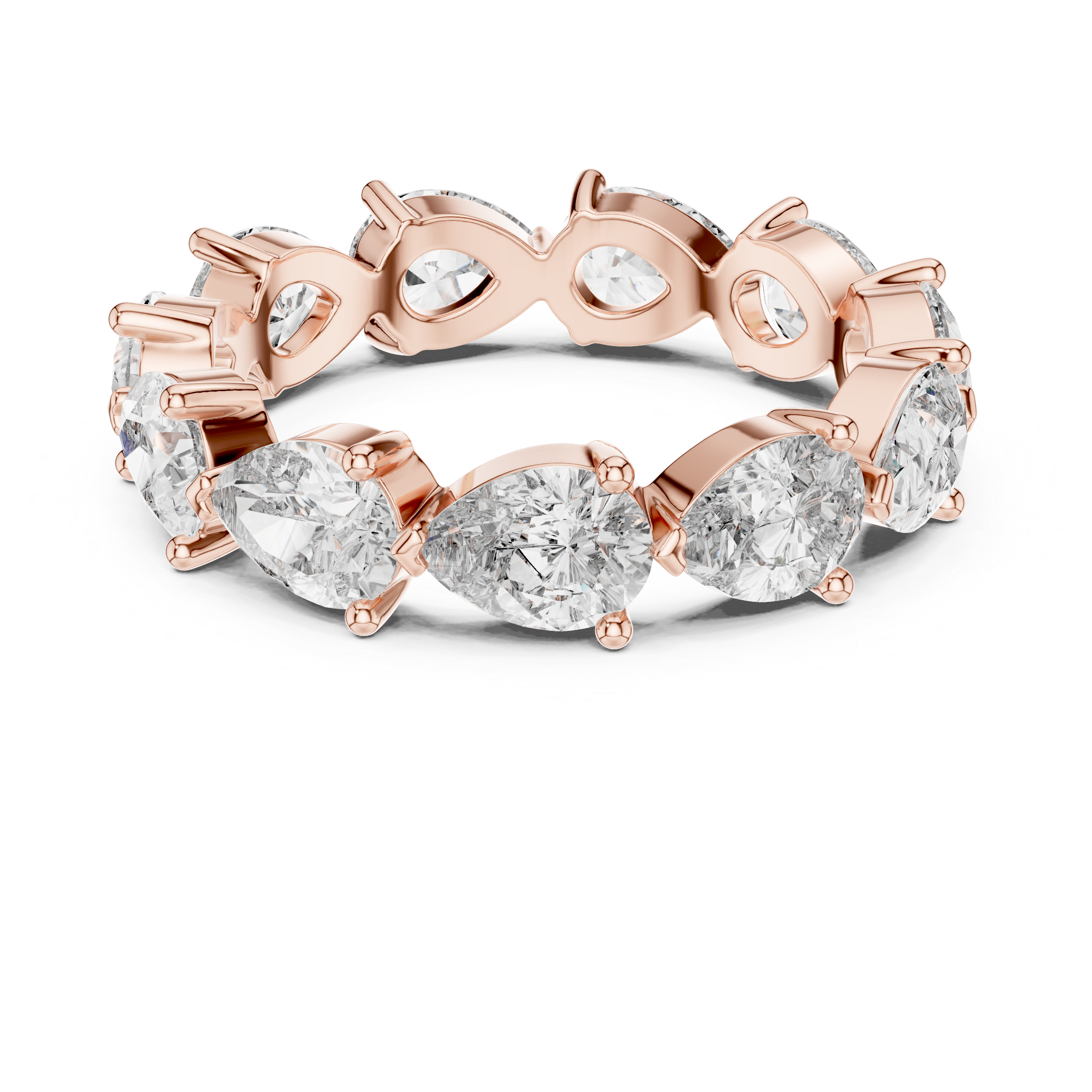 Roy Diamond rose gold pear eternity band ring top view with continuous pear diamond pattern and elegant look