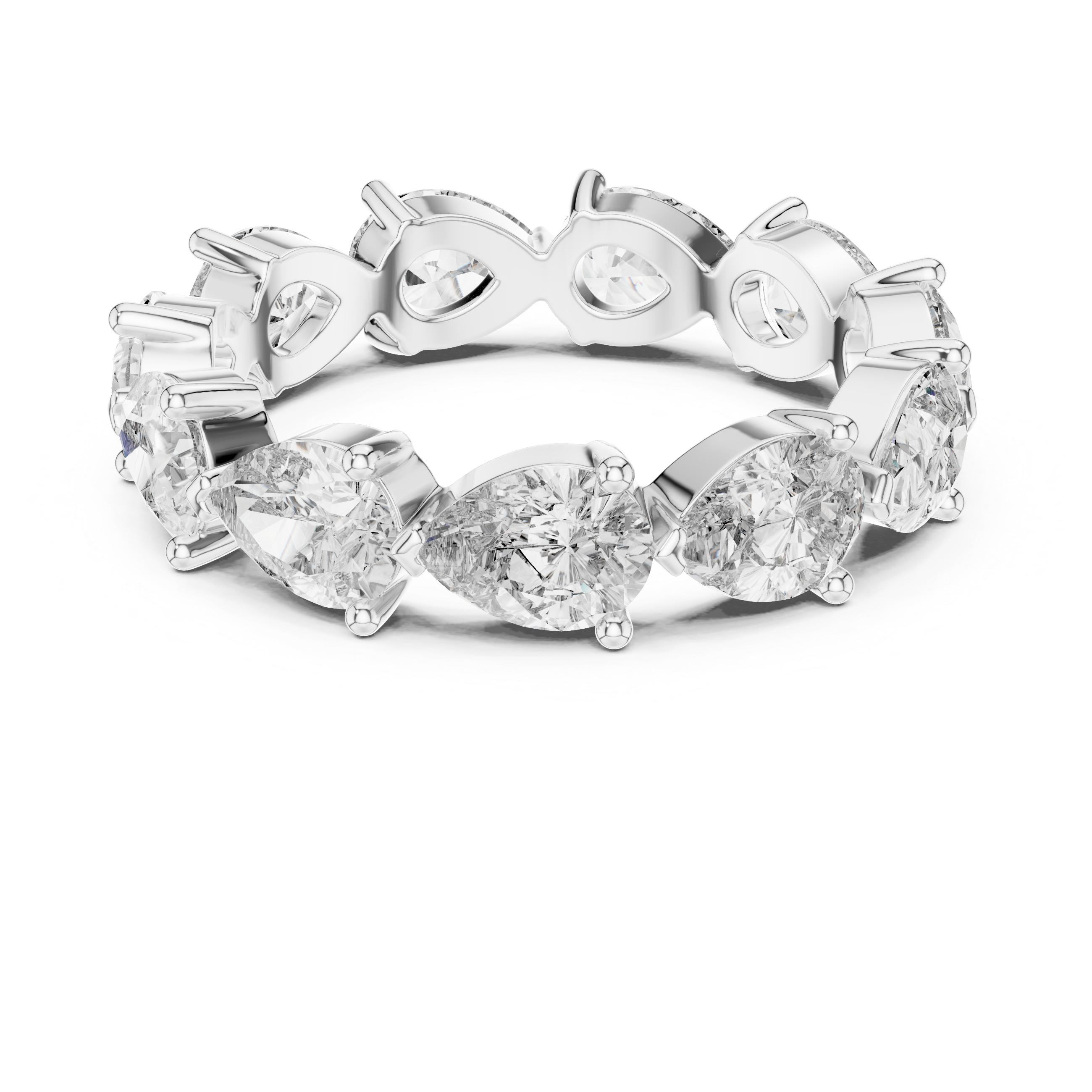 Roy Diamond white gold pear eternity band ring top view showing full eternity diamond layout with open gallery