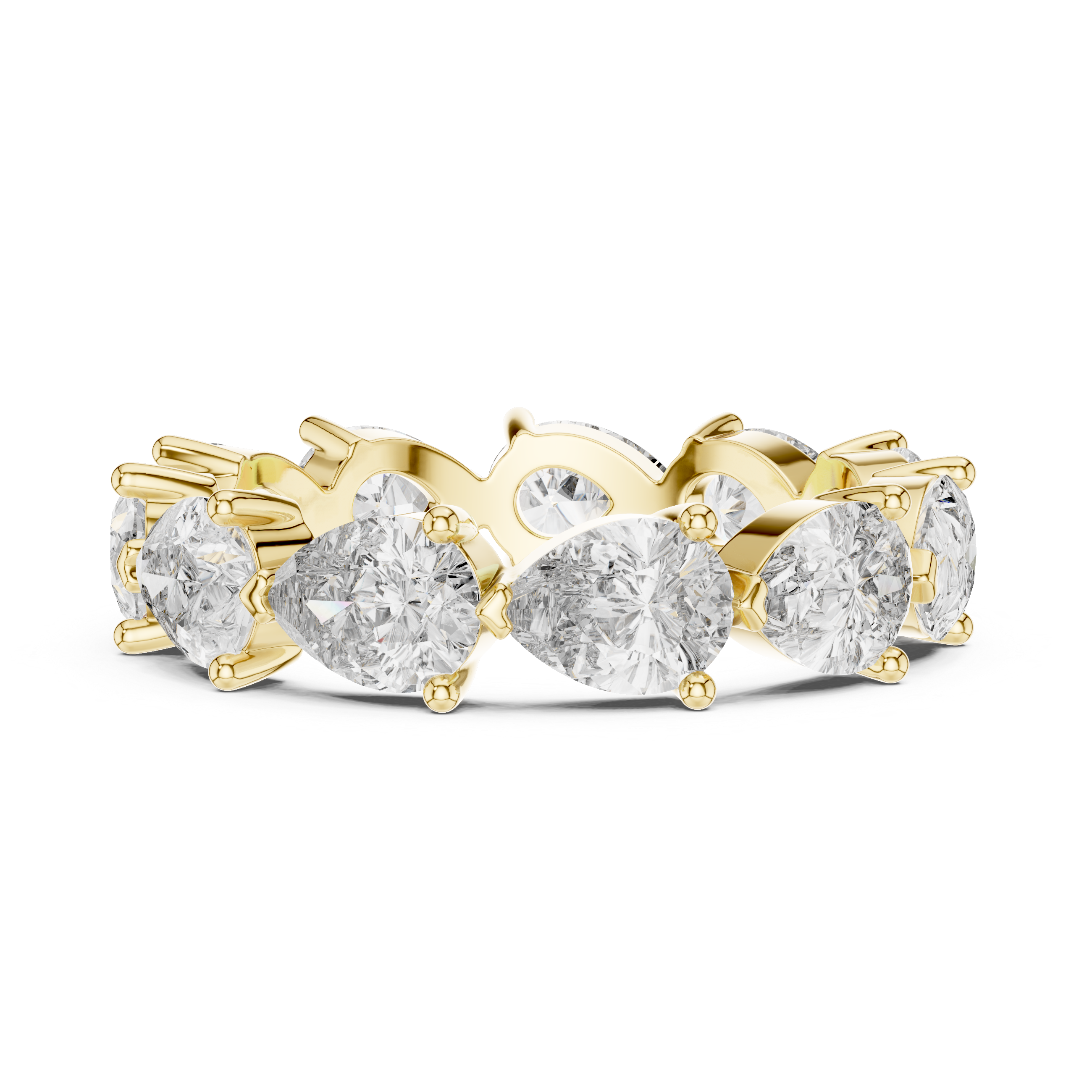 Roy Diamond yellow gold pear cut eternity band ring front close angle showing large pear diamonds in prong setting