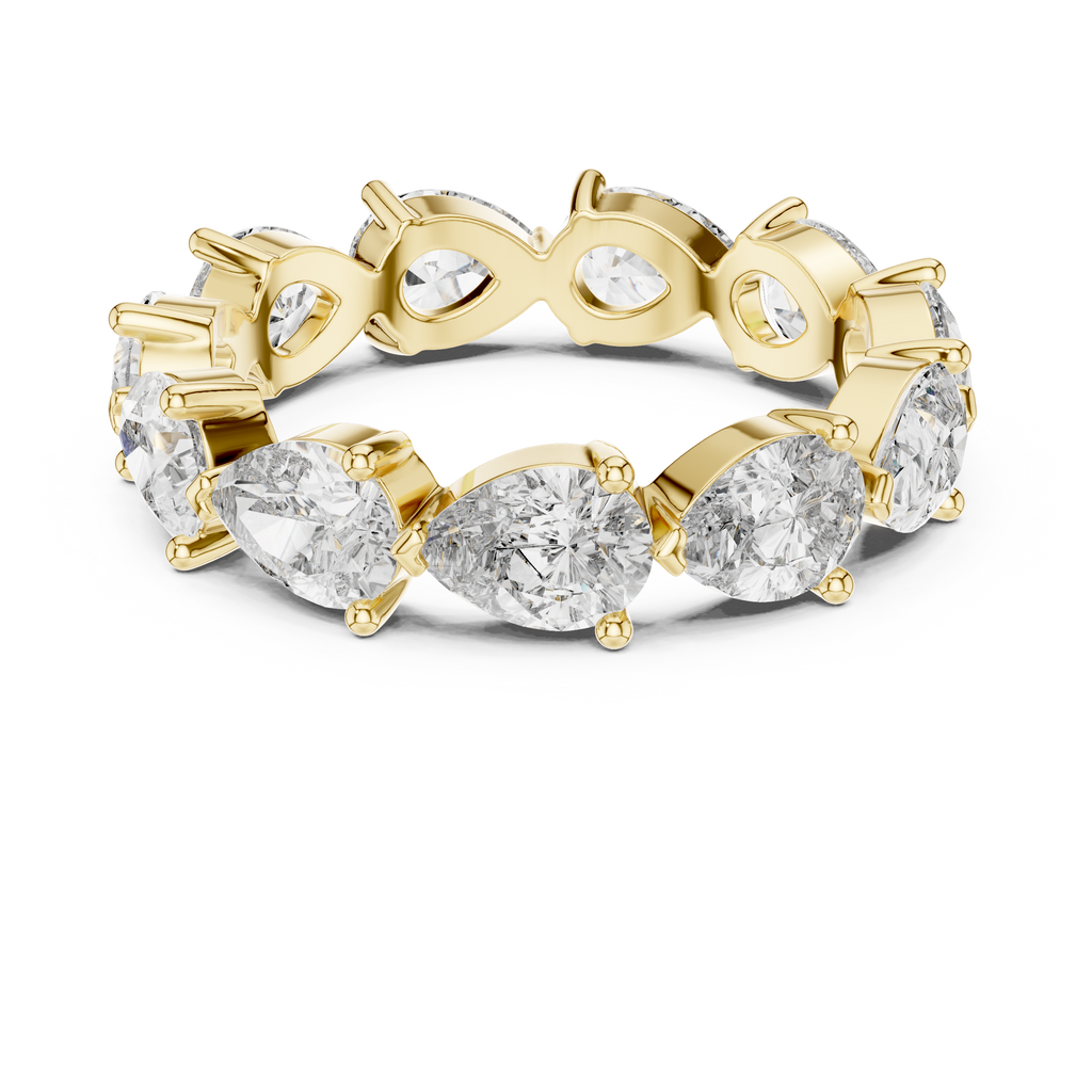 Roy Diamond yellow gold pear eternity band ring top view showing full circle pear diamonds and open gallery design