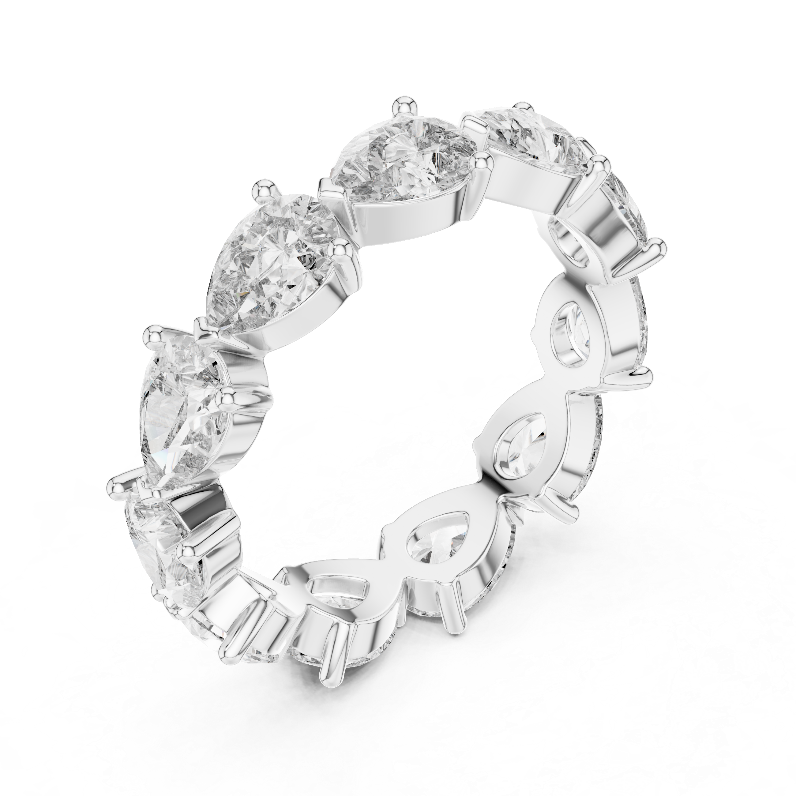Roy Diamond white gold pear diamond eternity ring angled view showing bright shine and clean modern design