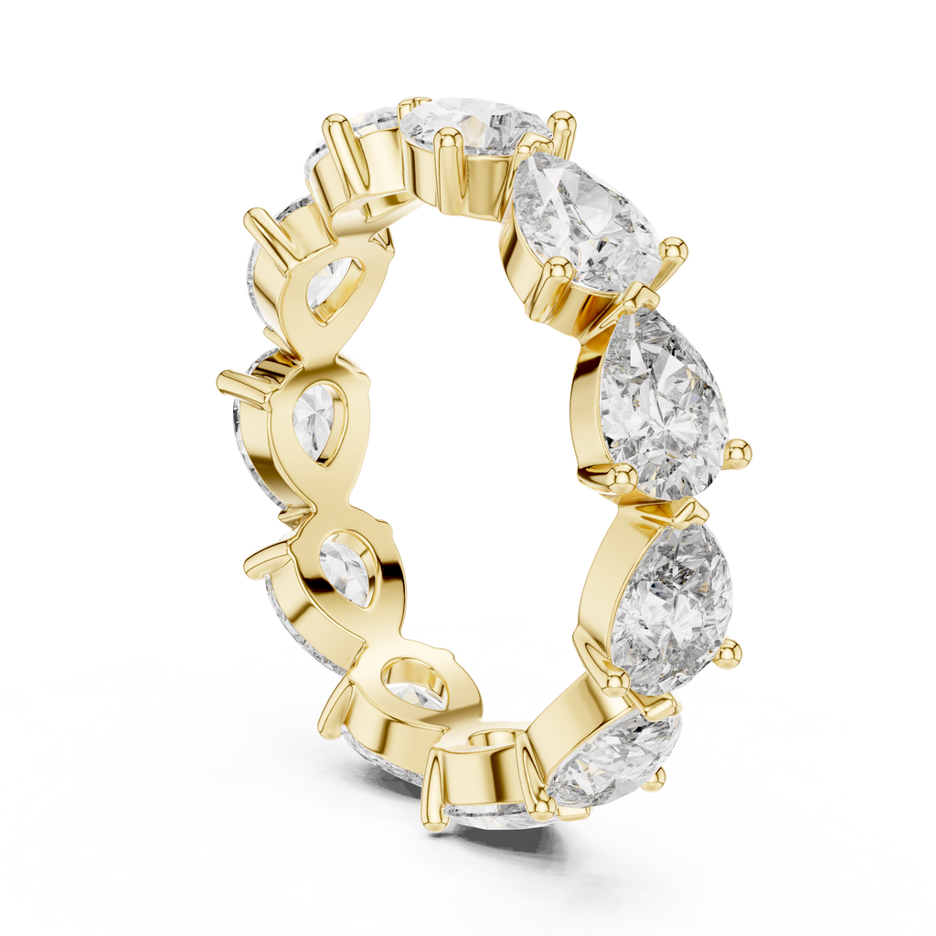 Roy Diamond yellow gold pear shape eternity band ring upright view showing prong set pear diamonds