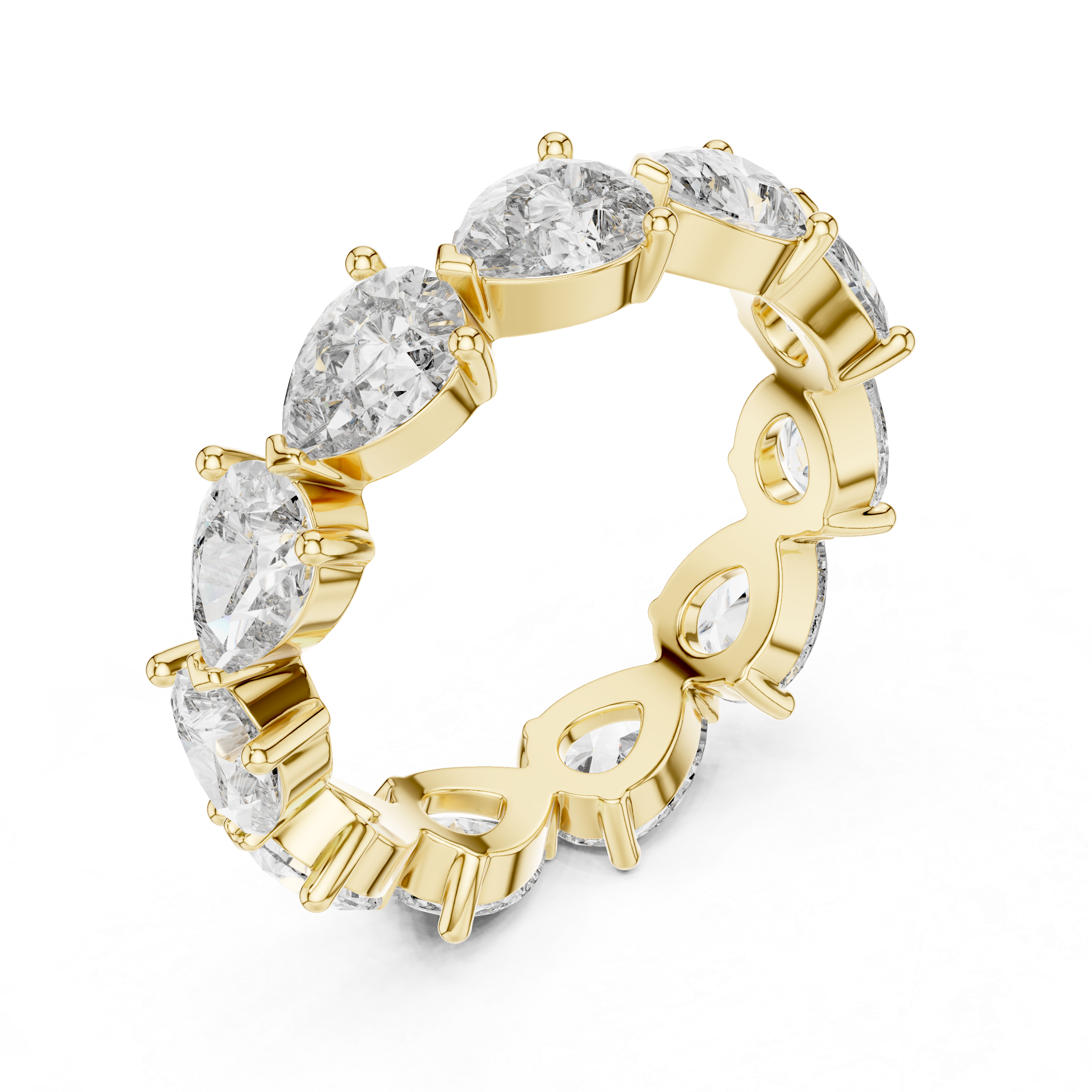 Roy Diamond yellow gold pear diamond eternity ring angled view highlighting continuous sparkle and luxury finish