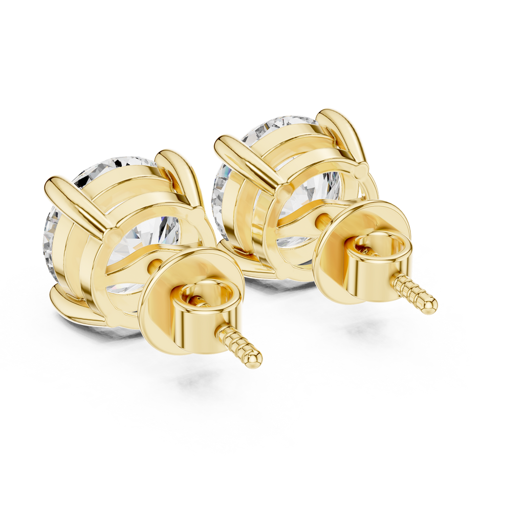 Roy Diamond yellow gold diamond stud earrings back angle with classic basket setting 4 prong secure design