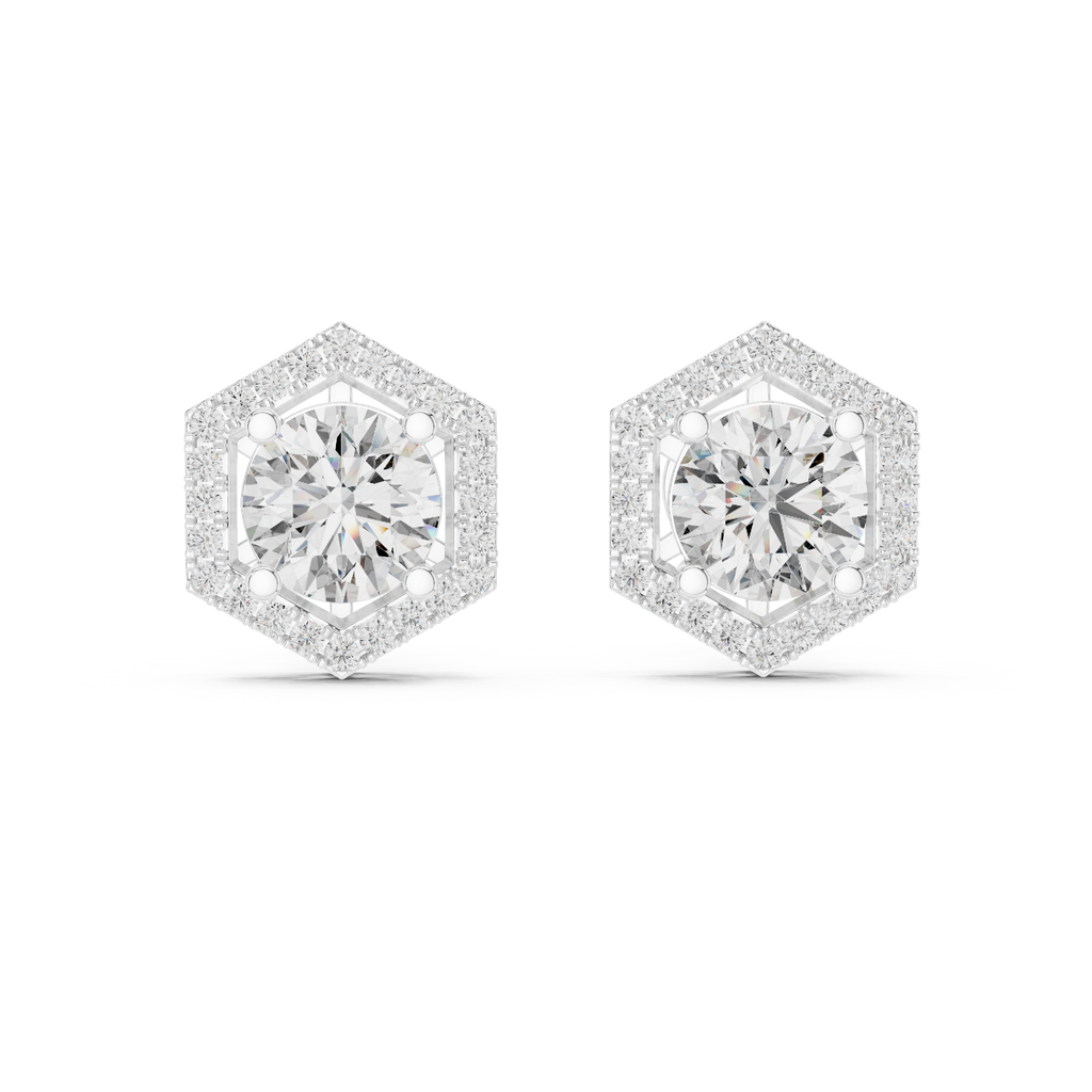 Hexagon Halo Diamond Stud Earrings