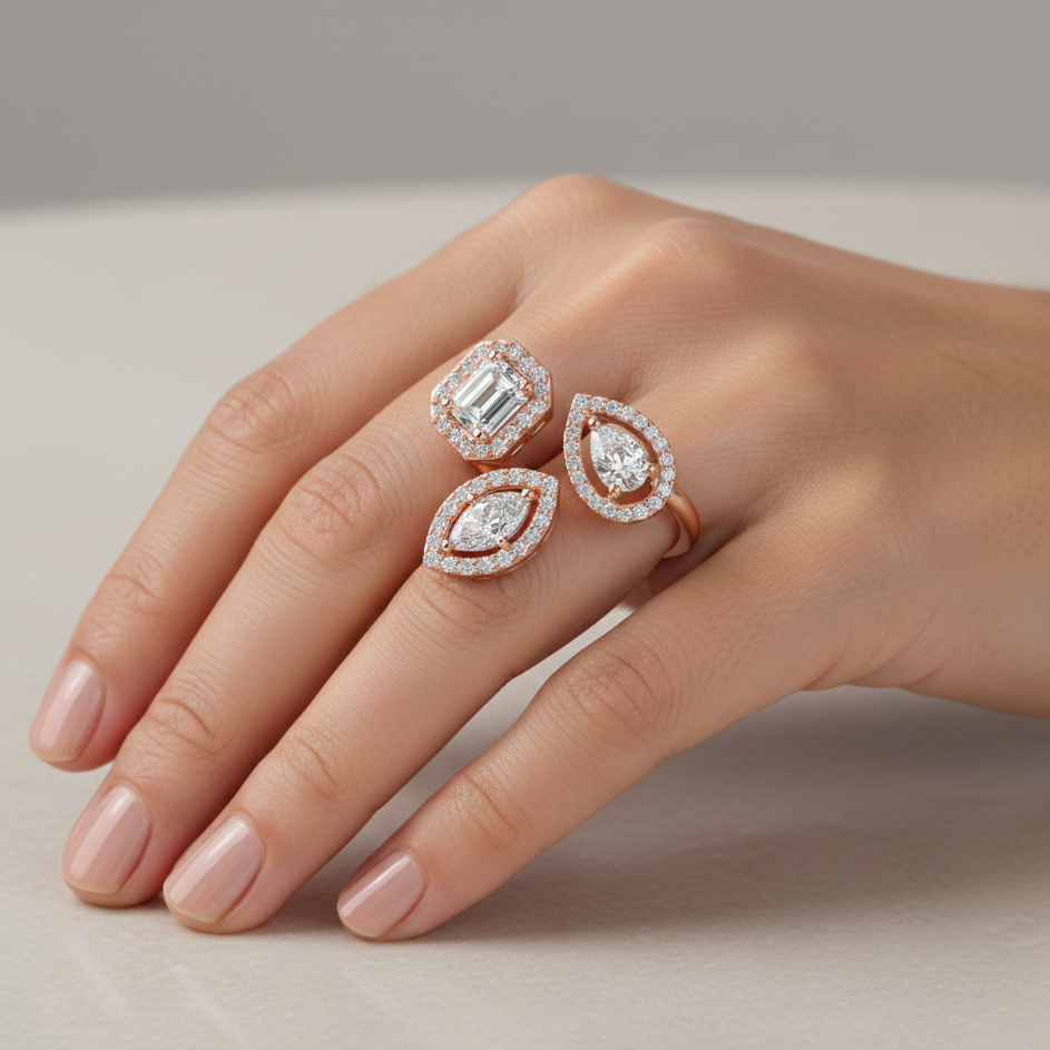 Three diamond rings on a hand against a neutral background