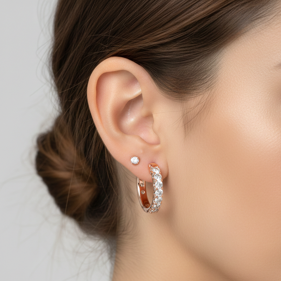 Close-up of a woman's ear wearing a hoop earring with a blurred background