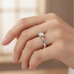 Silver ring with a diamond on a hand against a blurred background