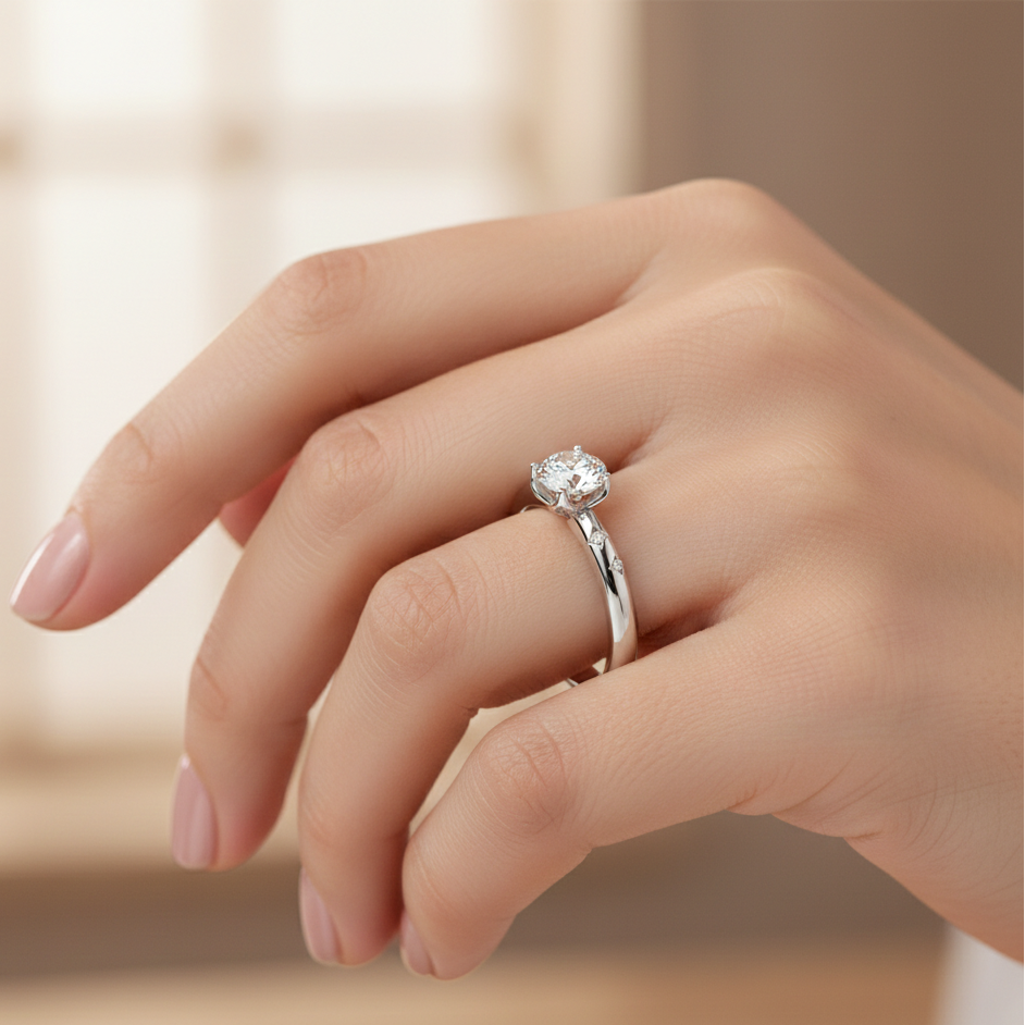 Silver ring with a diamond on a hand against a blurred background