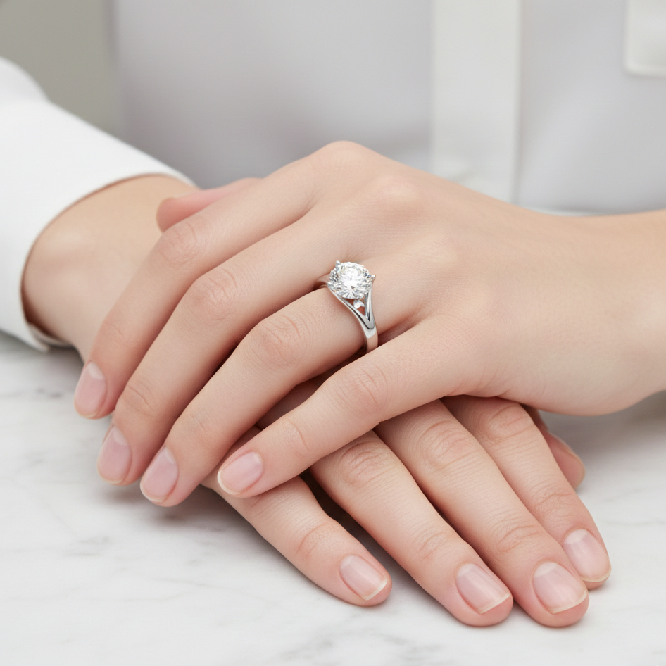 Close-up of a hand wearing a silver ring with a diamond on a light background