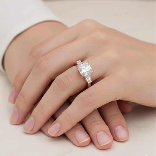 Diamond ring on a hand against a neutral background