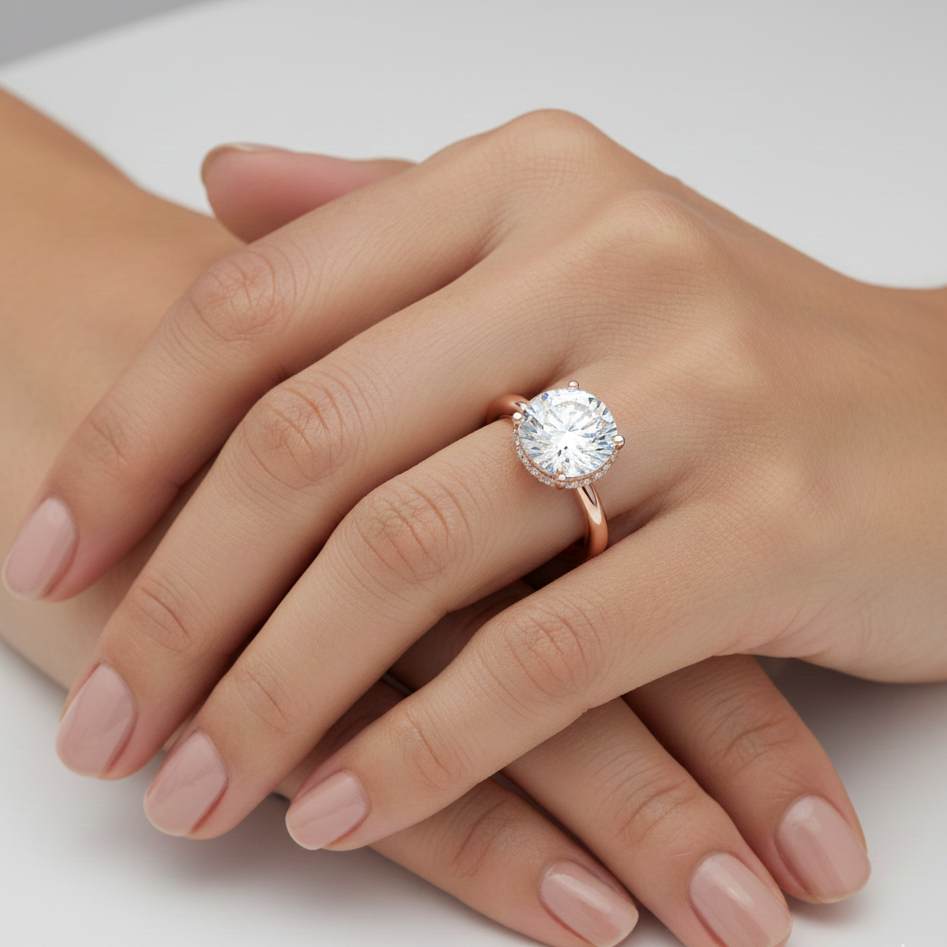 Rose gold ring with a large diamond on a hand against a light background