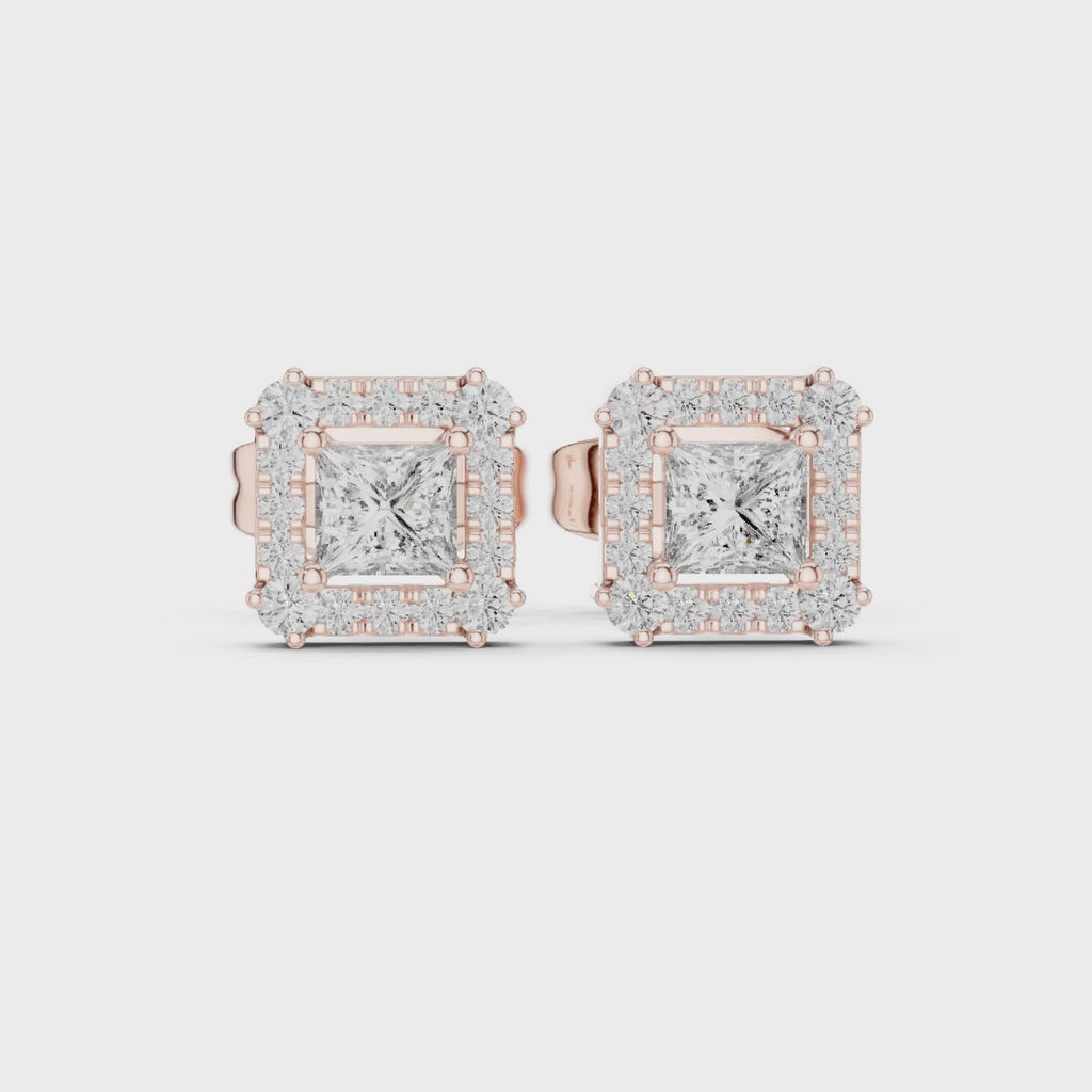 Roy Diamond lab grown diamond princess halo earrings 360 degree view in rose gold showing full design brilliance and premium finish