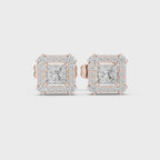 Roy Diamond lab grown diamond princess halo earrings 360 degree view in rose gold showing full design brilliance and premium finish