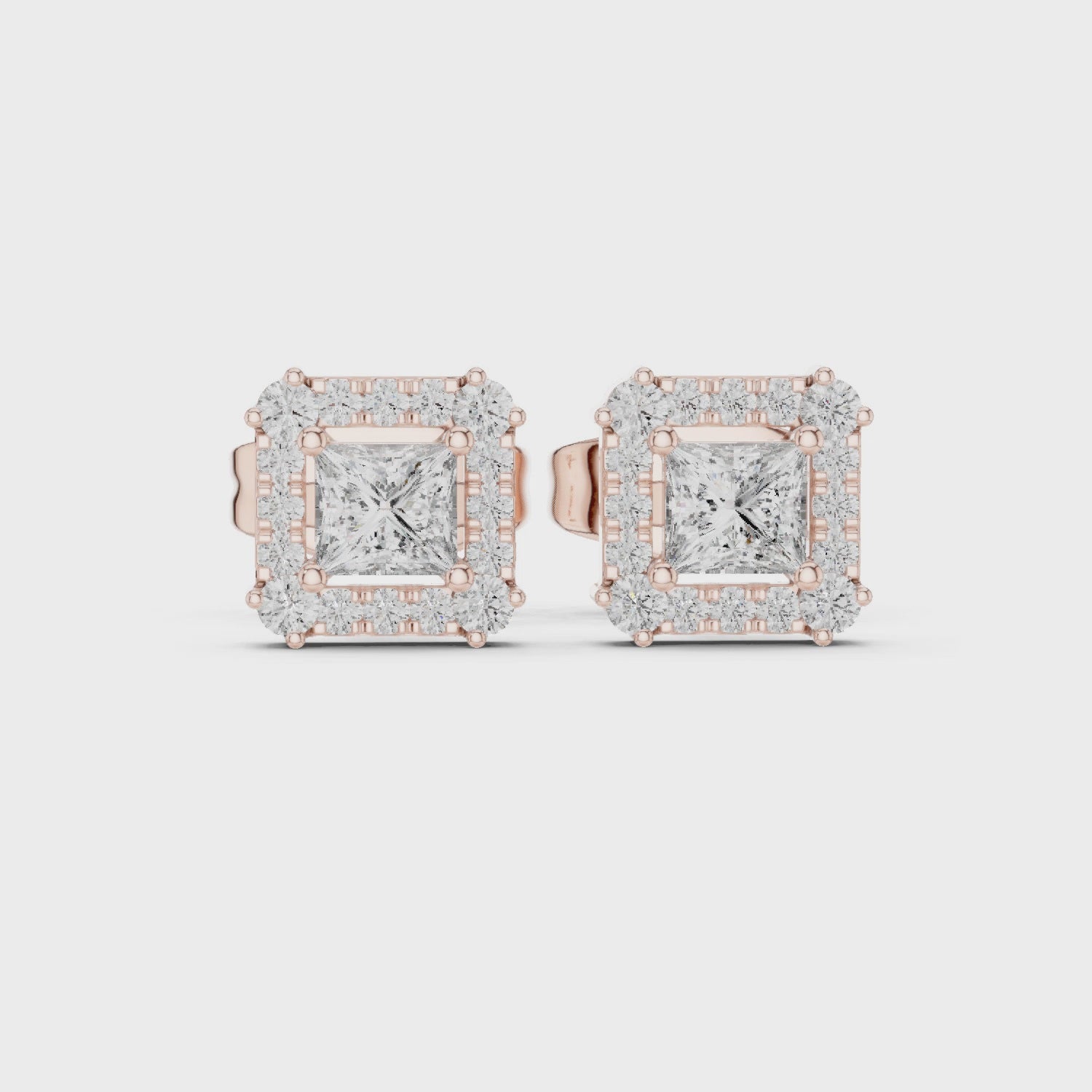 Roy Diamond lab grown diamond princess halo earrings 360 degree view in rose gold showing full design brilliance and premium finish