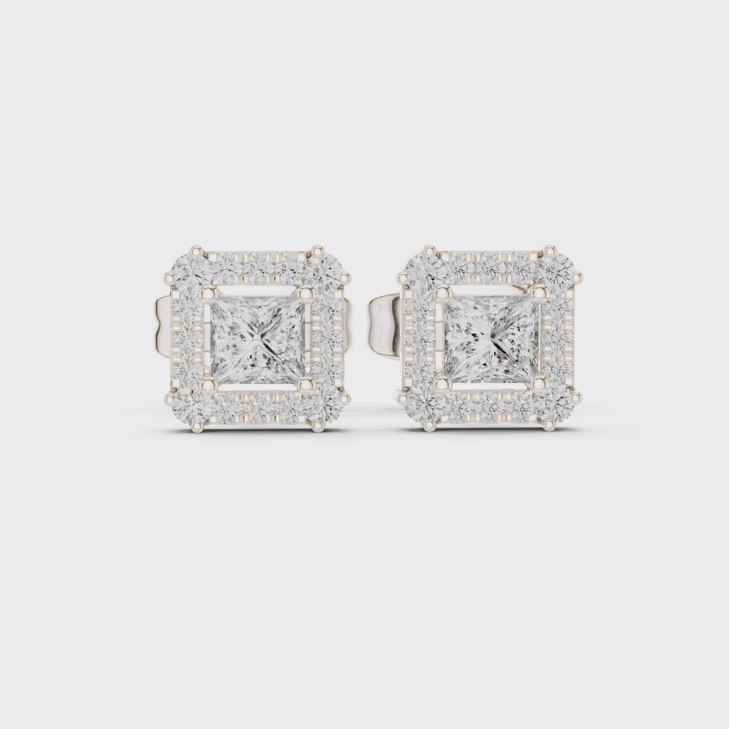 Roy Diamond lab grown diamond princess halo earrings 360 degree view in white gold highlighting craftsmanship and overall brilliance