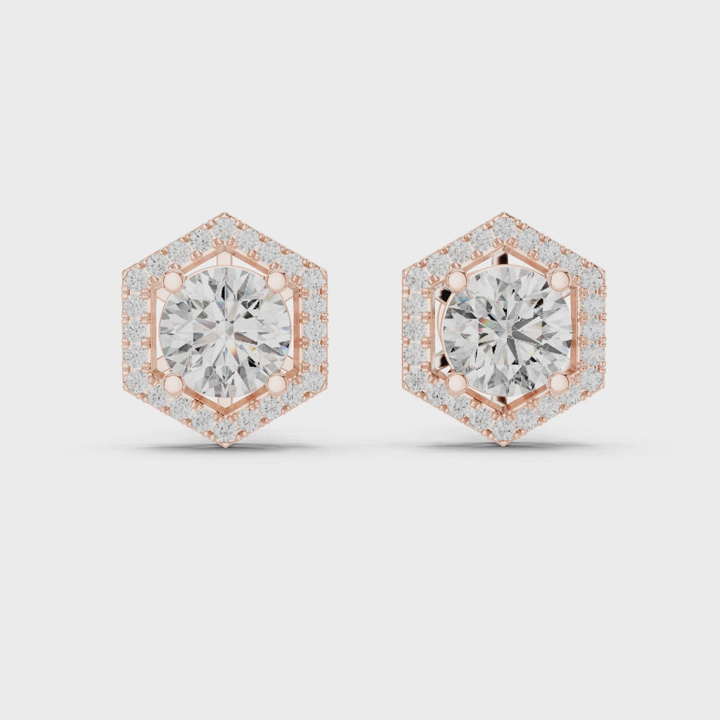 Hexagon Halo Diamond Stud Earrings