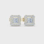 Roy Diamond princess cut lab grown diamond halo earrings angled view in yellow gold with royal elegance and brilliance